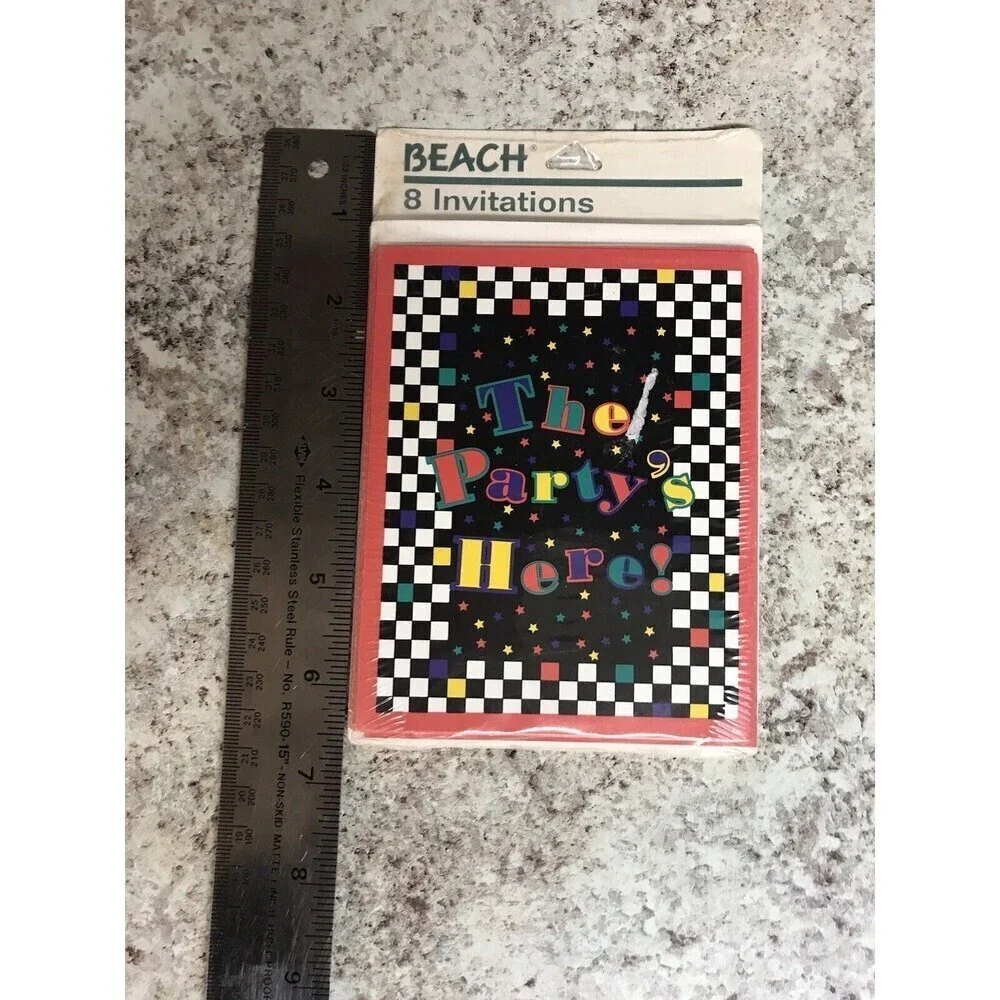 Vintage 80’s Retro Block Design Party Invitation & Envelopes 8 Pack By Beach